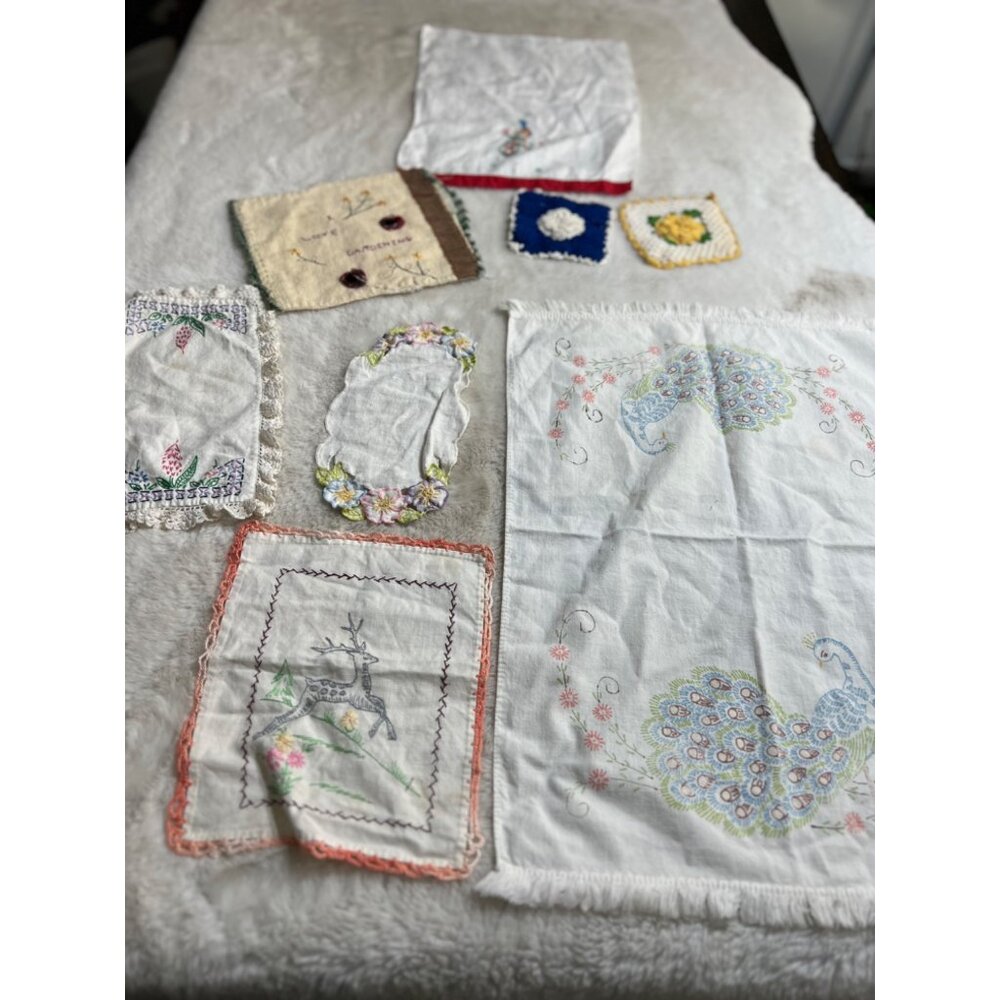 Vintage crochet embroidered pot holder napkins doily lot